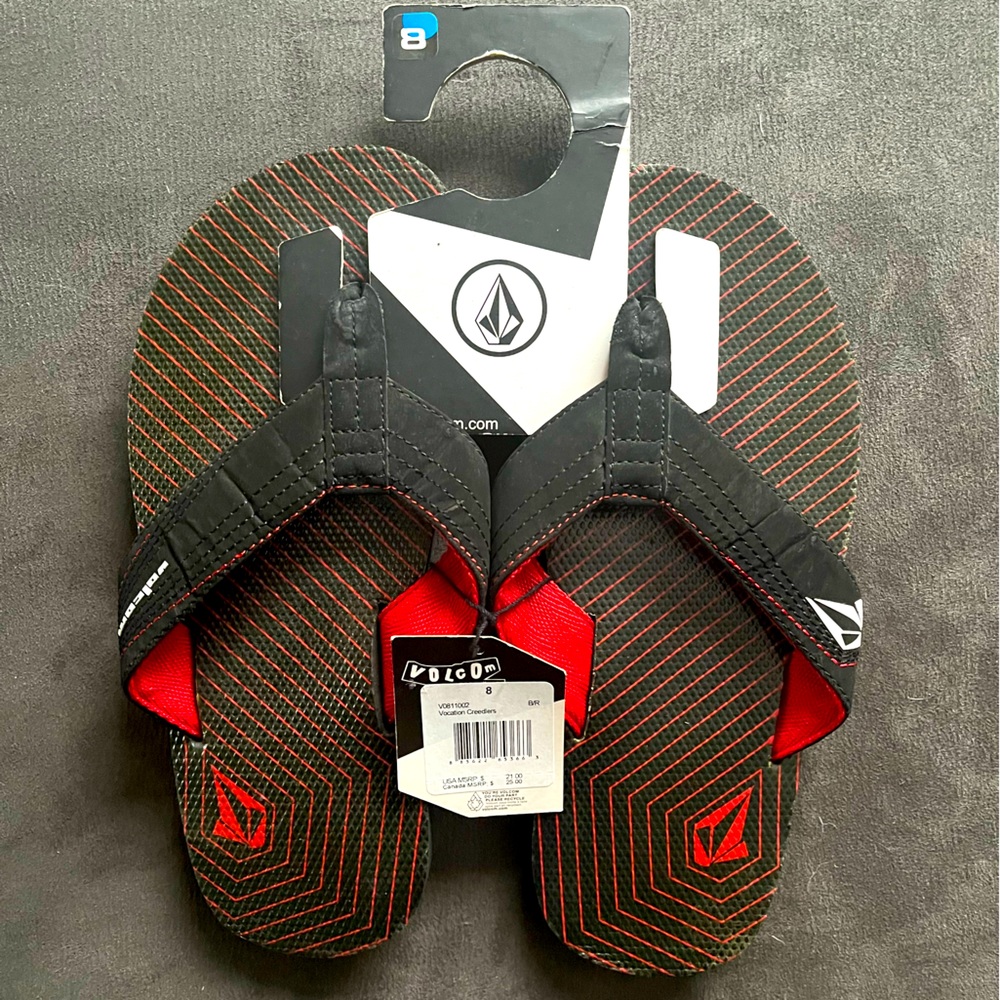 NEW☑️NEVER WORN☑️ VOLCOM Striped Red & Black Logo Flip Flops X Size : 8